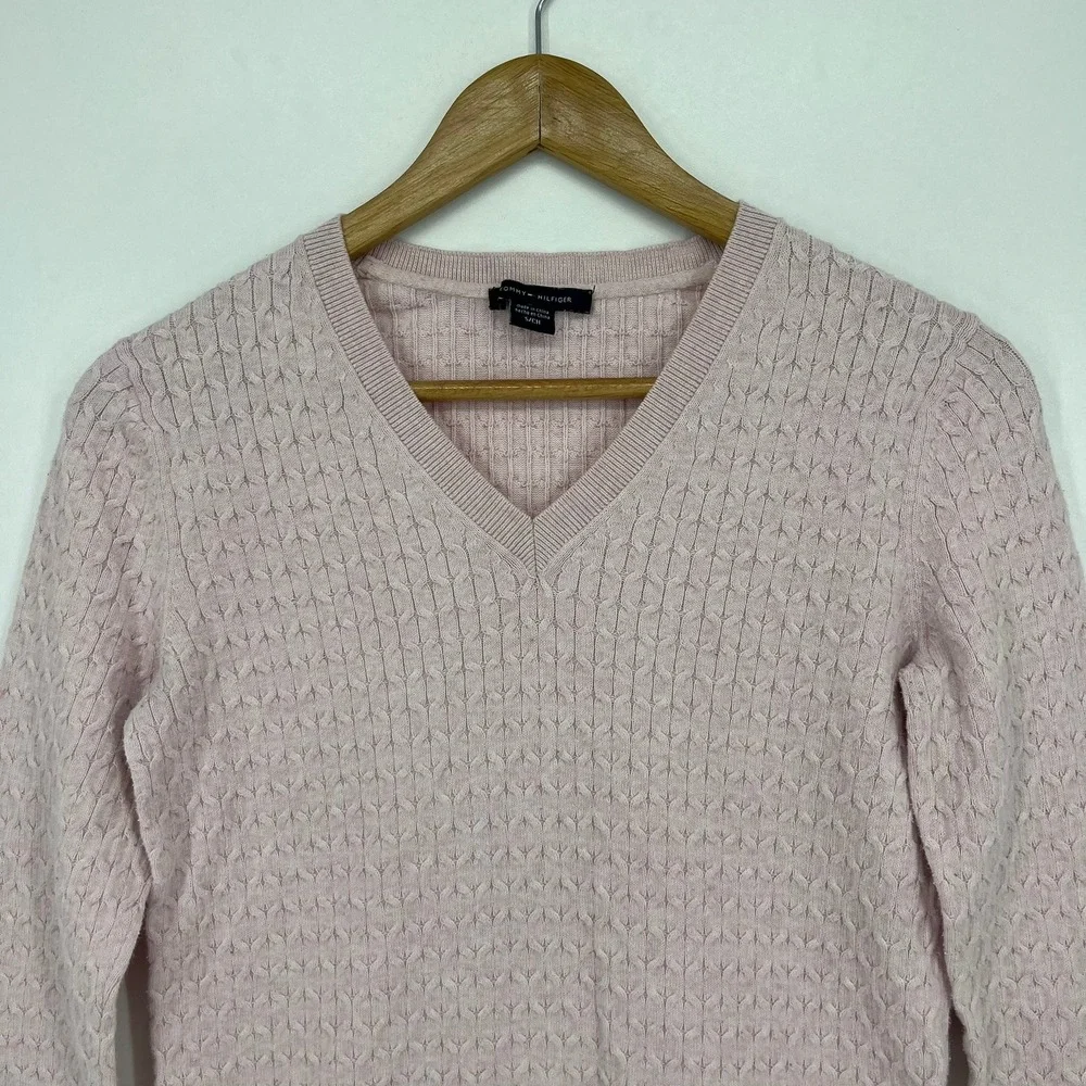 Tommy Hilfiger Womens V-Neck Cable Knit Pink Cotton Blend Sweater Small